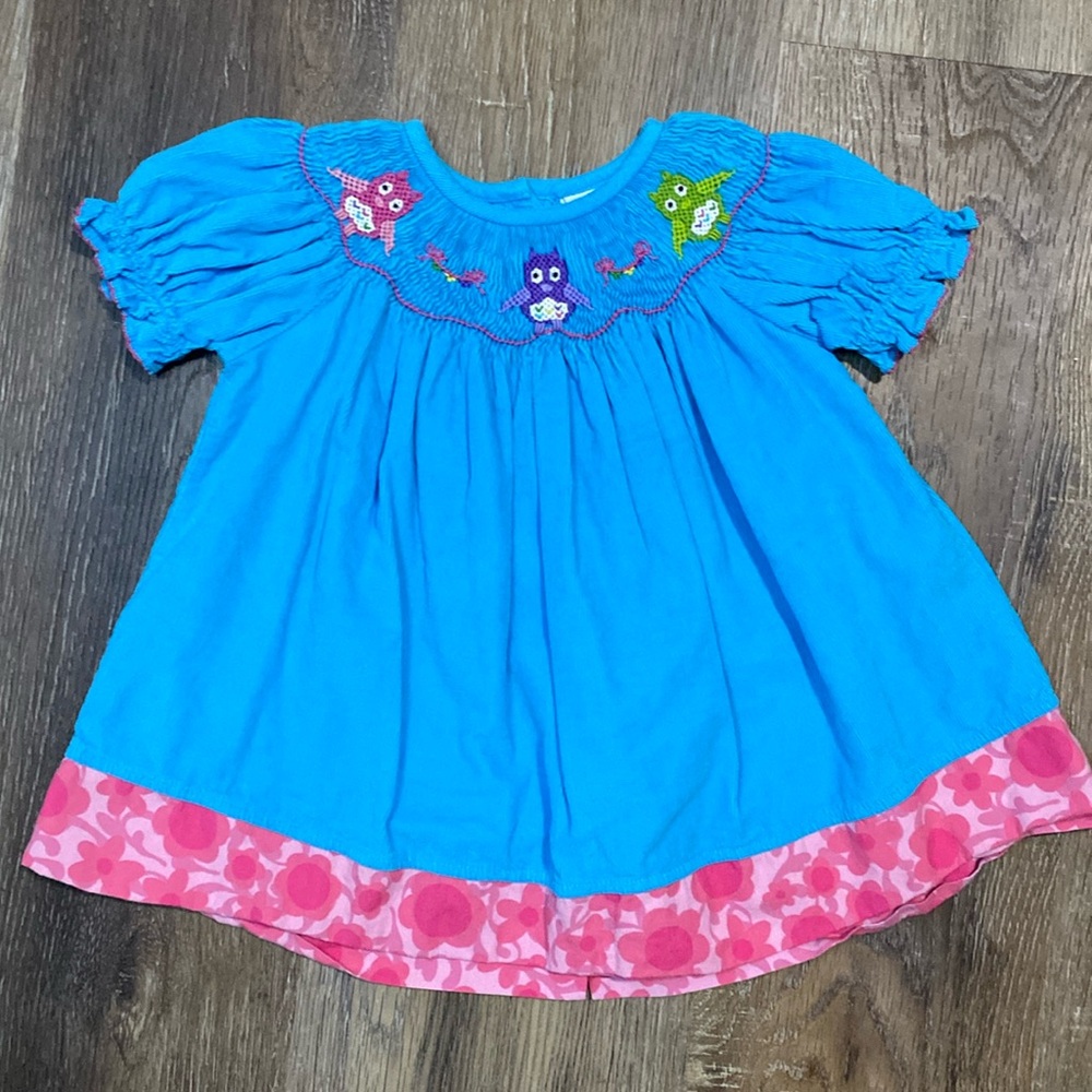 Blue Corduroy Bishop Dress with Pink Flower Trim and Owl Smocking